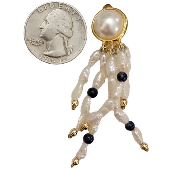 Gold Tone Rice Pearl Lapis Beads Dangle Clip-On Earrings, K873 - Picture 4 of 5